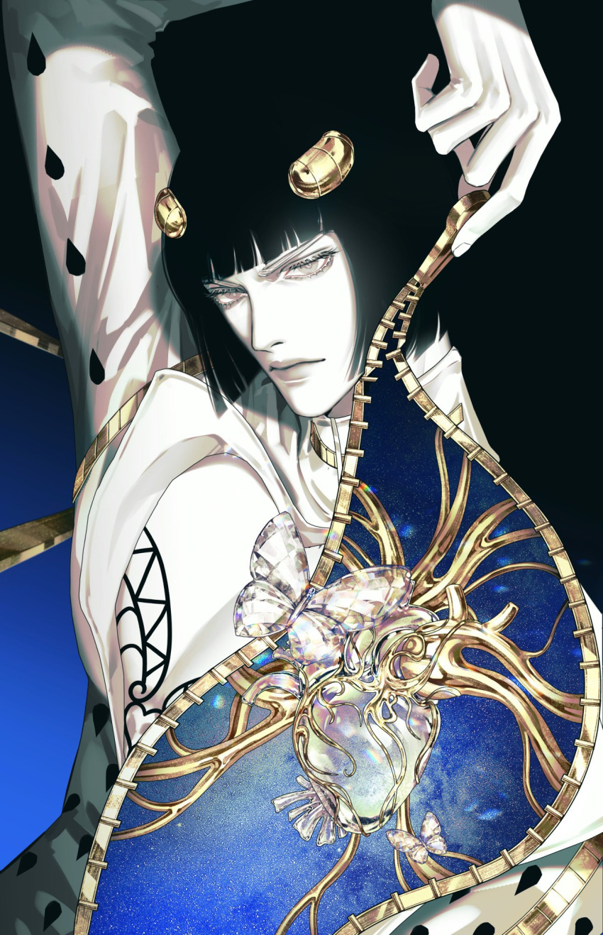 1boy, argyle_clothes, bob_cut, bruno_bucciarati, heart_(organ), highres, jojo_no_kimyou_na_bouken, male_focus, polka_dot, polka_dot_hair, solo, stand_(jojo), vento_aureo, zhhy3324, zipper, zipper_pull_tab