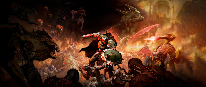 1boy, absurdres, arachnotron, armor, artist_request, atlan_(doom_eternal), battle, black_cape