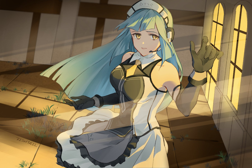 1girl, apron, artist_name, black_gloves, blue_hair, blunt_bangs, breasts, clothes_lift