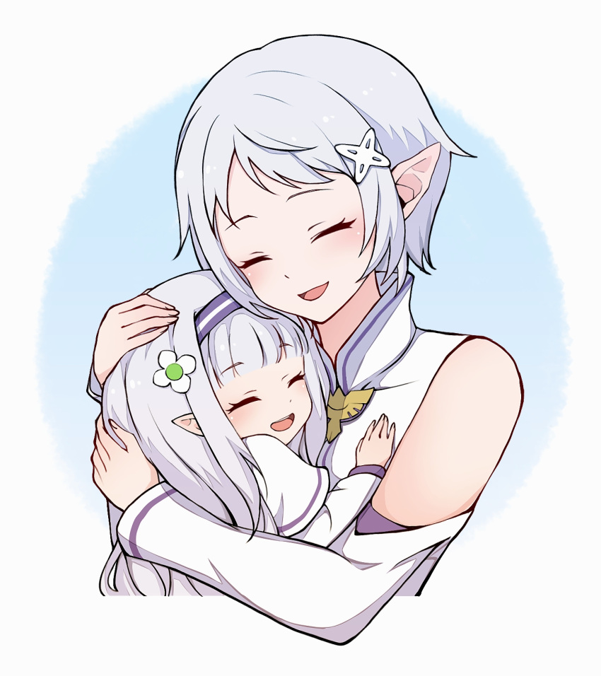 2girls, :d, aged_down, closed_eyes, emilia_(re:zero), flower, fortuna_(re:zero), grey_hair, hair_flower, hair_ornament, hairband, highres, hug, multiple_girls, pointy_ears, premium_(prmsub), purple_hairband, re:zero_kara_hajimeru_isekai_seikatsu, short_hair, simple_background, smile