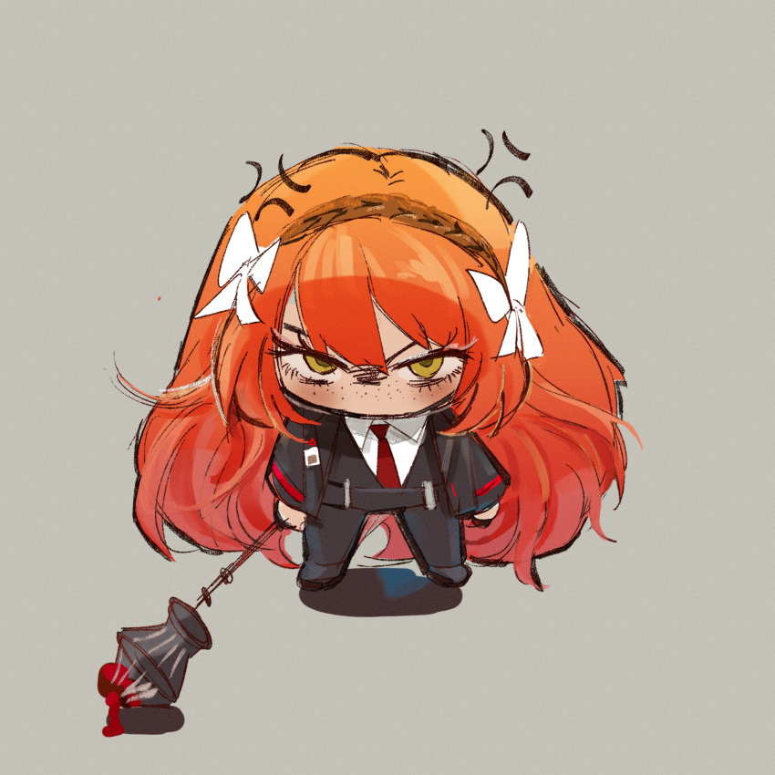 1girl, blood, blood_on_weapon, bow, collared_shirt, eateatcookie, freckles, hair_bow