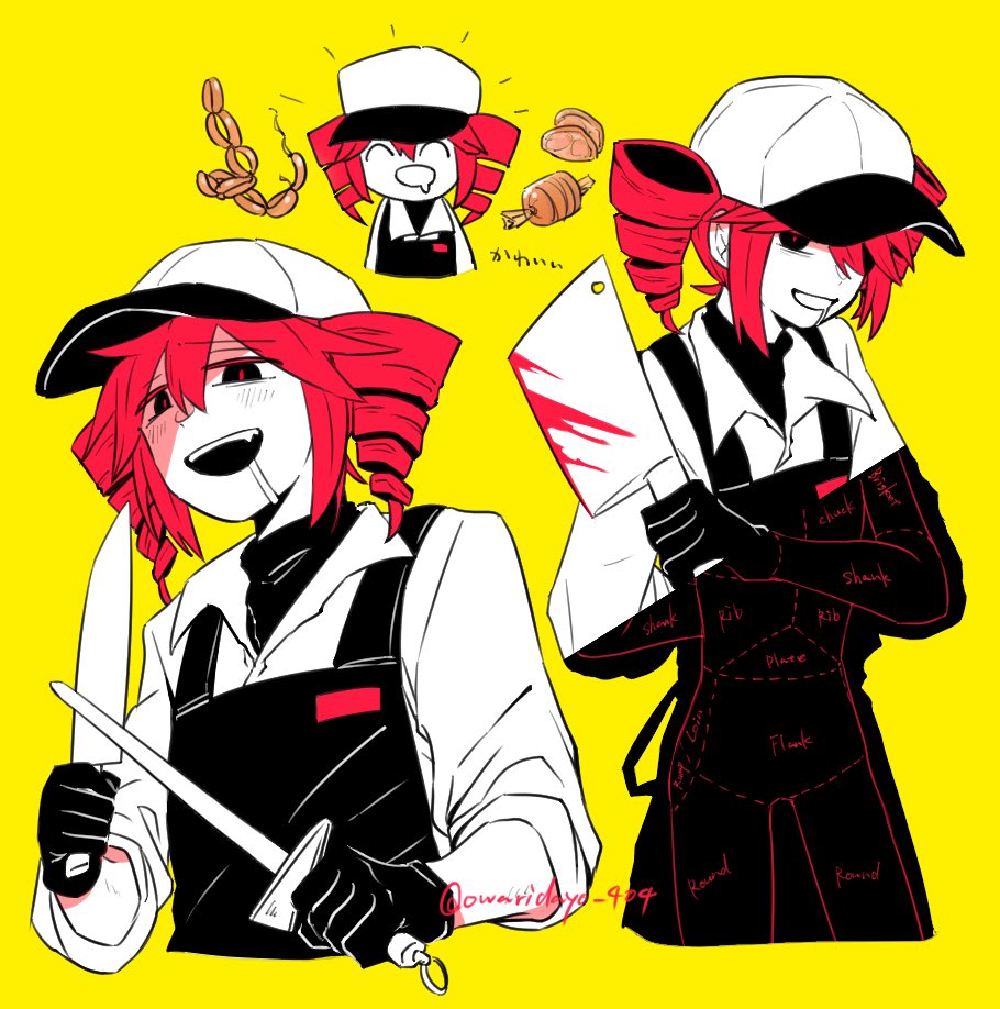 1girl, ^_^, apron, baseball_cap, black_apron, black_eyes, black_undershirt, blood, blood_on_knife, blush, butcher_vanity_(synthesizer_v), chibi, chibi_inset, closed_eyes, collared_shirt, drill_hair, drooling, food, food_request, hair_between_eyes, ham, hat, hato_no_mune_wo_momitai, honing_steel, kasane_teto, kitchen_knife, knife, long_sleeves, looking_at_viewer, red_hair, red_pupils, sausage, sharpening, shirt, short_hair, simple_background, solo, turtleneck, turtleneck_shirt, twin_drills, twitter_username, white_shirt, yellow_background