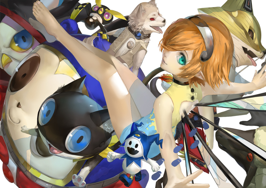 1girl, albino, angel_wings, animal, animal_nose, aqua_eyes, bird, black_mask, blazpu, blue_eyes, blue_hat, cat_boy, cat_mask, catherine_(game), chironup_(megami_tensei), clothed_animal, collar, colored_skin, devil_summoner_(series), dog, fairy, fairy_wings, fangs, from_above, furry, furry_male, gallica_(metaphor:_refantazio), hair_over_one_eye, hat, jack_frost_(megami_tensei), jester_cap, koromaru_(persona), kuma_(persona_4), leotard, looking_at_viewer, looking_up, luffel_(p5x), mascot, mascot_costume, mask, metal_hairband, metaphor:_refantazio, mimi_(soul_hackers_2), mini_wings, morgana_(persona_5), multicolored_leotard, multiple_boys, open_mouth, orange_hair, outstretched_arms, owl, persona, persona_3, persona_4, persona_5, persona_5:_the_phantom_x, pointy_ears, print_leotard, red_eyes, sheep, sheep_(catherine), sheep_boy, shiba_inu, shin_megami_tensei, shin_megami_tensei_iv, shin_megami_tensei_iv_final, short_hair, skin_fangs, smile, solid_oval_eyes, soul_hackers_2, spread_arms, trait_connection, two-tone_leotard, white_skin, winged_clothes, wings, yellow_leotard