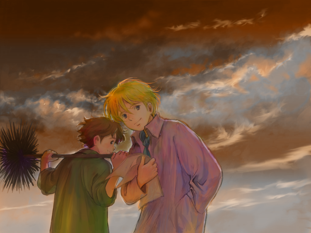 2boys, alfredo_martini, blonde_hair, blue_eyes, broom, clouds, green_shirt, hand_in_pocket