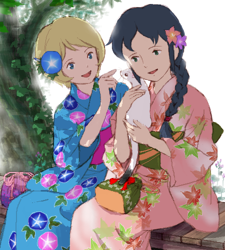 2girls, angeletta_(romeo_no_aoi_sora), bianca_martini, black_hair, blonde_hair, braid, ferret, floral_print