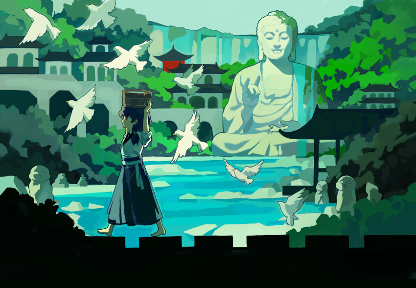 1girl, absurdres, barefoot, bird, brown_hair, bucket, bucket_of_water, buddha, chaojufei, commentary, from_side, highres, original, scenery, solo, statue, white_bird