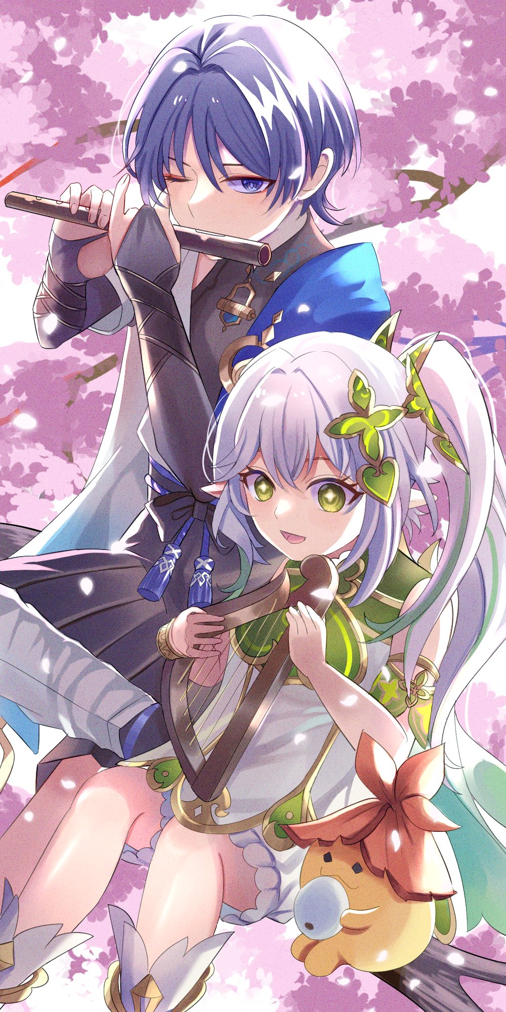 1boy, 1girl, anklet, aranara_(genshin_impact), armlet, armor, belt, black_belt, black_bodysuit, black_bow, black_bridal_gauntlets, black_shorts, bloomers, blue_cape, blue_sleeves, blunt_ends, bodysuit, bow, bracelet, bridal_gauntlets, cape, caramelo_game, cherry_blossoms, cross-shaped_pupils, detached_sleeves, dress, eyelashes, eyeliner, eyeshadow, fingernails, flute, furisode, genshin_impact, gold, gold_trim, gradient_sleeves, green_cape, green_eyes, green_hair, green_sleeves, hair_intakes, hakama, hakama_shorts, highres, holding, holding_flute, holding_instrument, holding_lyre, instrument, japanese_armor, japanese_clothes, jewelry, kimono, kote, kurokote, leg_over_thigh, leg_warmers, long_hair, looking_at_viewer, lyre, makeup, mandarin_collar, multicolored_hair, music, nahida_(genshin_impact), one_eye_closed, open_clothes, open_kimono, open_mouth, outdoors, playing_instrument, pleated_shorts, pointy_ears, purple_hair, purple_pupils, purple_rope, purple_sash, red_eyeliner, red_eyeshadow, rope, sash, scaramouche_(genshin_impact), short_sleeves, shorts, shoulder_peek, side-by-side, side_ponytail, sidelocks, sitting_on_branch, streaked_hair, symbol-shaped_pupils, tassel, violet_eyes, wanderer_(genshin_impact), white_bloomers, white_dress, white_footwear, white_hair, white_kimono, white_leg_warmers, white_sleeves, yellow_pupils