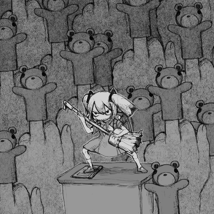 animal_costume, bear_costume, broom, candy, desk, evil_grin, evil_smile, fujimaru_jiji