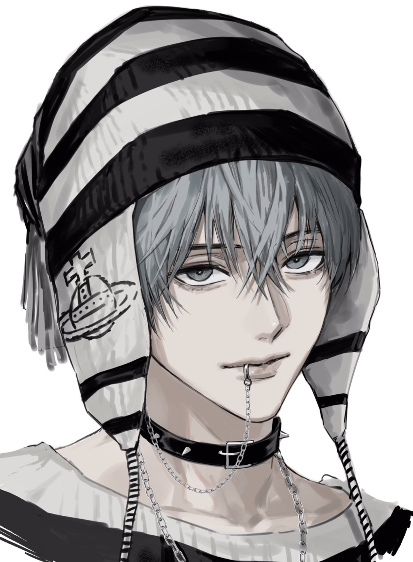 1boy, aegyo_sal, beanie, black_choker, black_hat, chain, choker, grey_eyes