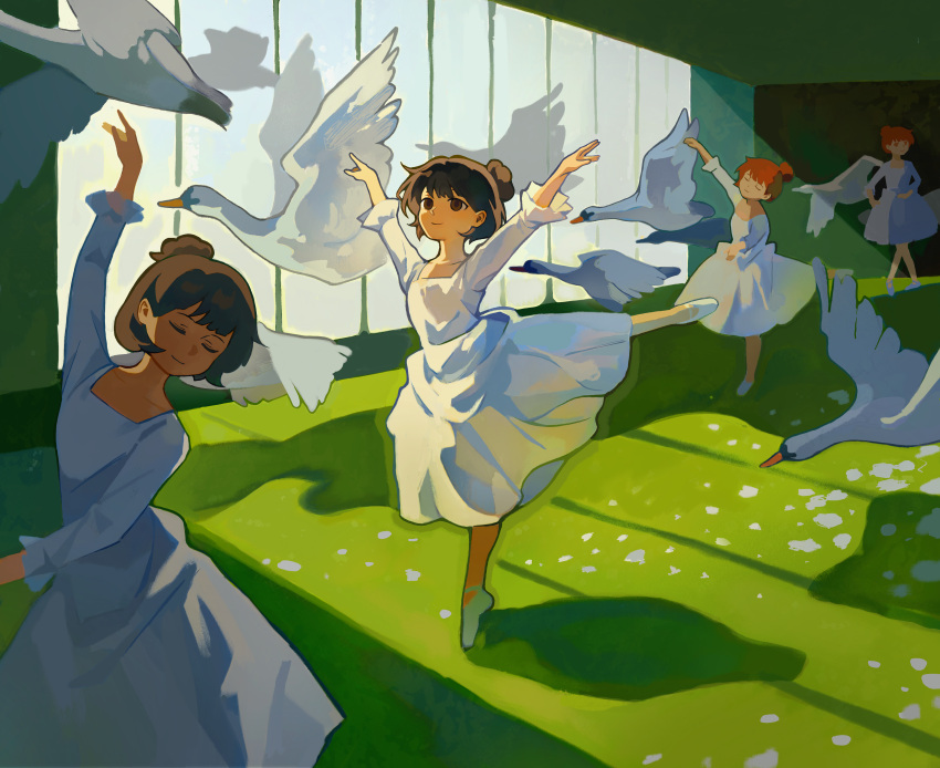 4girls, absurdres, ballerina, ballet, ballet_dress, ballet_slippers, bird, brown_eyes