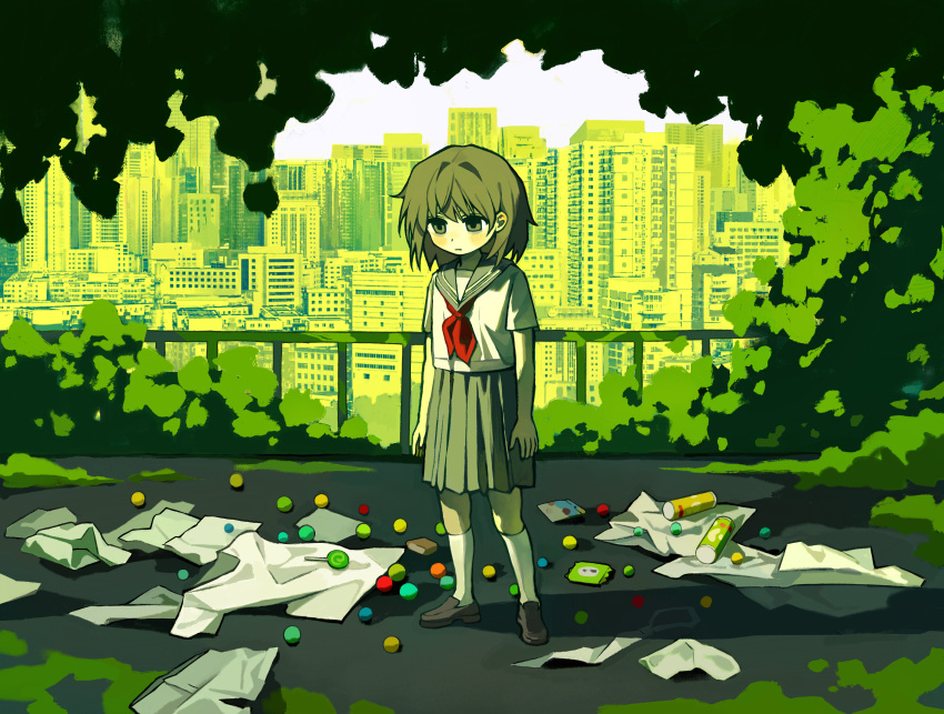 1girl, absurdres, can, candy, chaojufei, cityscape, commentary, food