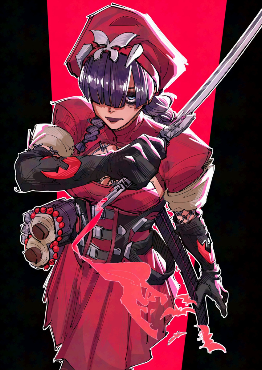 1girl, black_gloves, black_hair, blue_eyes, braid, breasts, bug, butterfly, dress, gloves, hair_over_one_eye, hat, highres, long_hair, looking_at_viewer, marvel, marvel_rivals, official_alternate_costume, psylocke, psylocke_(blood_kariudo), skirt, solo, superebiseeeen, sword, twin_braids, twintails, weapon, x-men