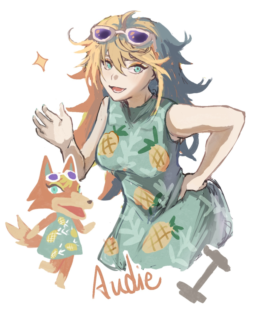 1girl, :d, animal_crossing, audie_(animal_crossing), blonde_hair, breasts, character_name, chibi