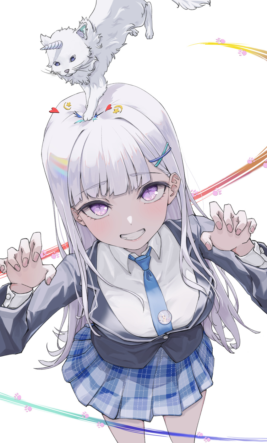 1girl, absurdres, arnyang_(ayatsuno_yuni), ayatsuno_yuni, blue_necktie, blush, cat, grey_hair, hair_ornament, highres, horns, kitsune_hero, long_hair, long_sleeves, looking_at_viewer, multicolored_hair, necktie, school_uniform, shirt, simple_background, single_horn, skirt, smile, stellive, symbol-shaped_pupils, unicorn_horn, very_long_hair, violet_eyes, virtual_youtuber, white_background, white_hair, white_shirt, x_hair_ornament