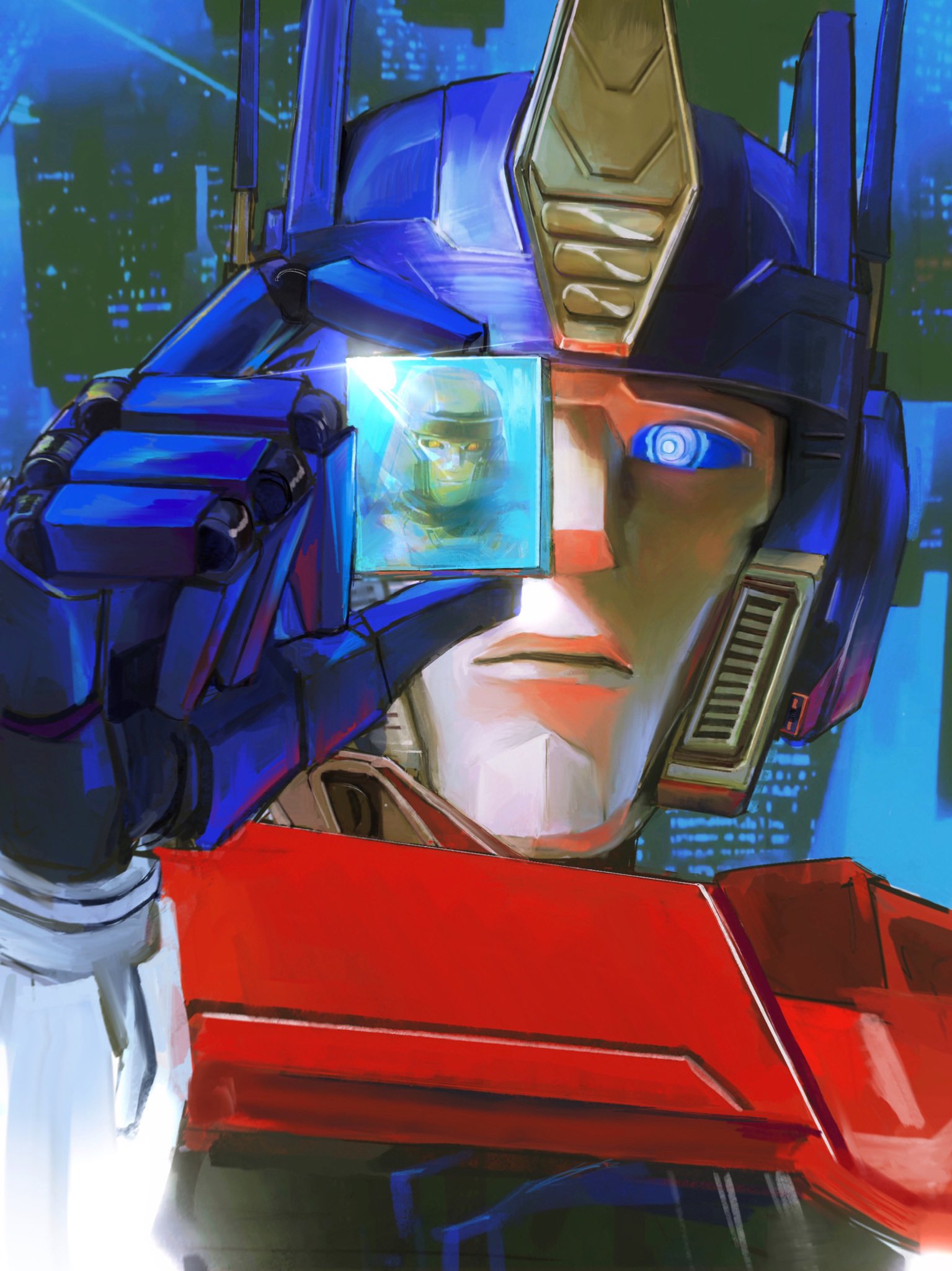 2boys, blue_eyes, blue_sclera, colored_sclera, commentary, d-16, d-16_(transformers_one), english_commentary, glint, highres, looking_at_viewer, male_focus, mecha, multiple_boys, optimus_prime, optimus_prime_(transformers_one), portrait, reflection, robot, s5-hvs1, smile, transformers, transformers_one, yellow_eyes