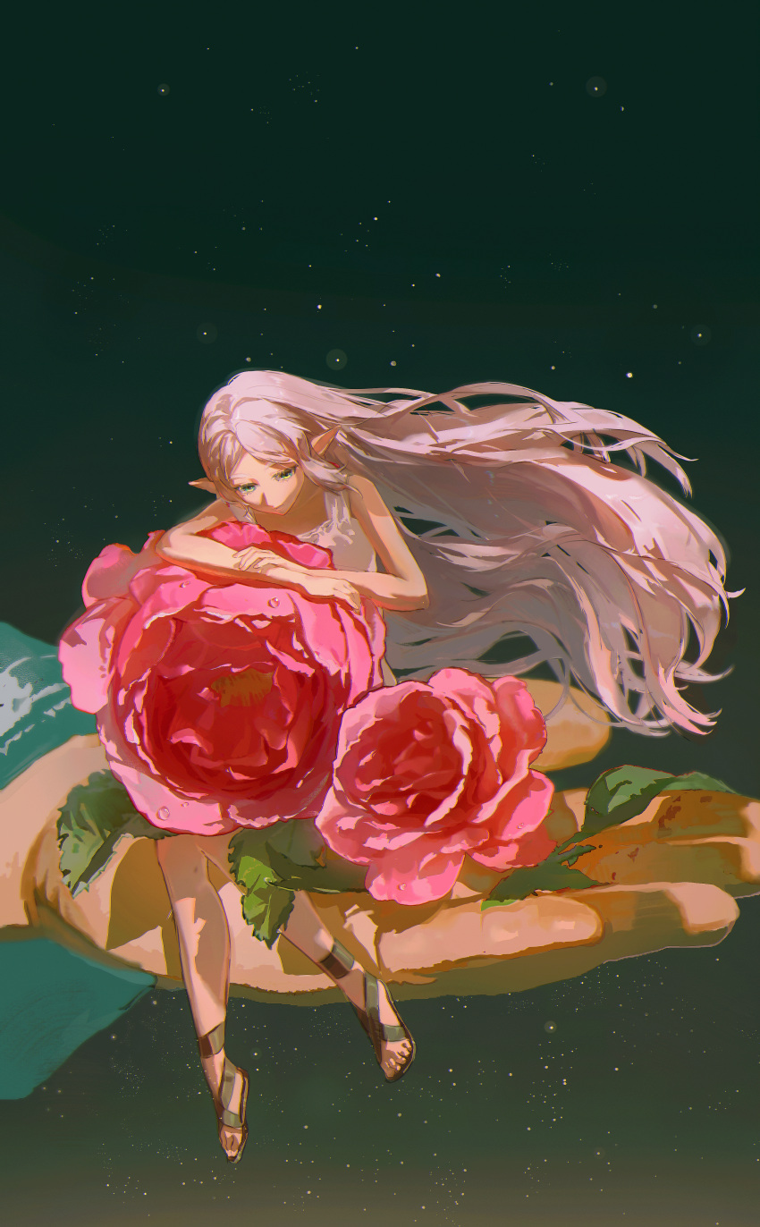 1boy, 1girl, absurdres, closed_mouth, dress, earrings, elf, flower, frieren, full_body, green_background, green_eyes, grey_hair, hair_down, highres, himmel_(sousou_no_frieren), in_palm, jewelry, light_particles, long_hair, mini_person, minigirl, narcisco, out_of_frame, parted_bangs, pink_flower, pointy_ears, sandals, sitting, solo_focus, sousou_no_frieren, white_dress