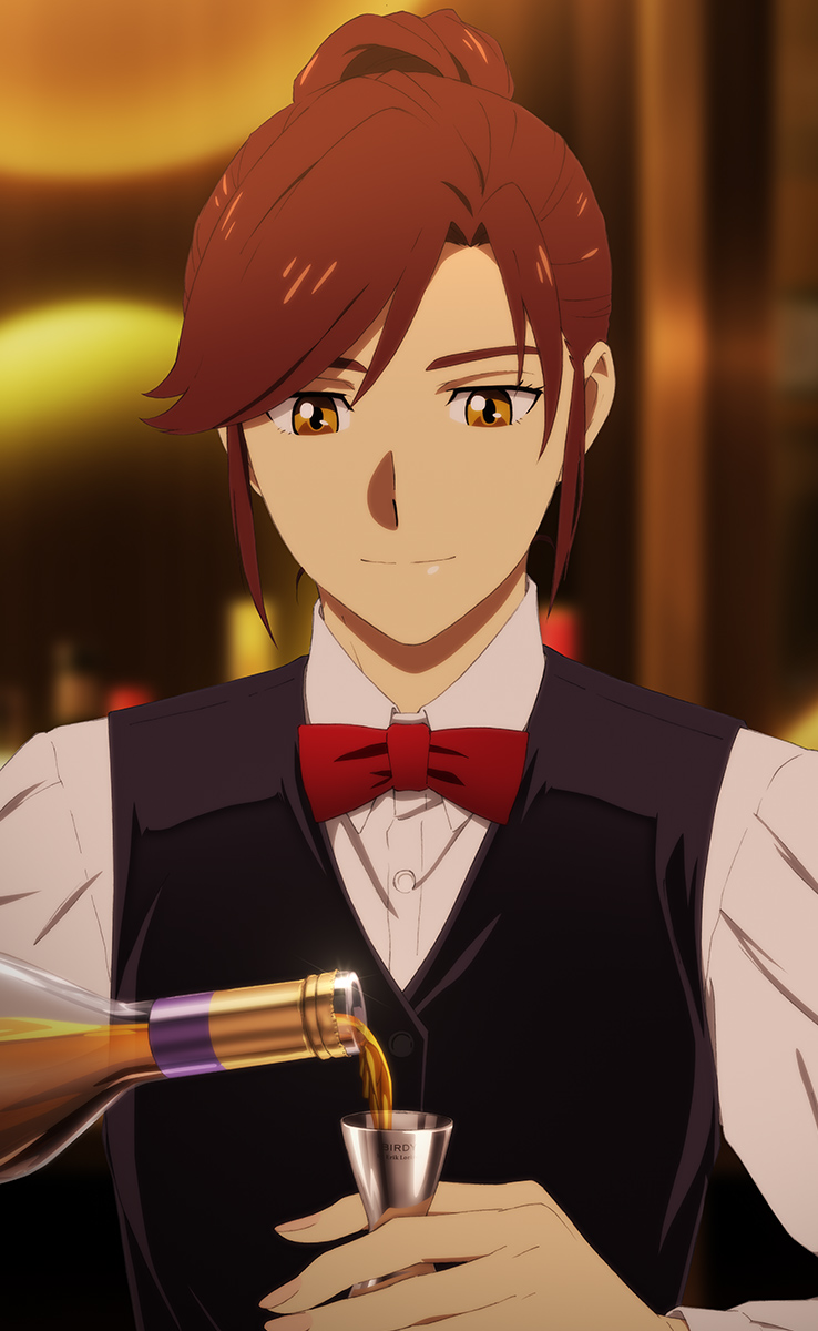 1girl, alcohol, bartender, bartender_(series), between_fingers, black_vest, blurry, blurry_background