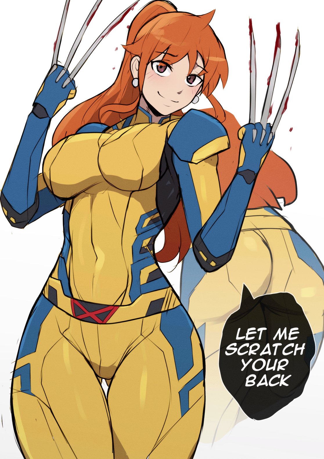 1girl, ass, blood, blush, breasts, claws, cosplay, deadpool_&amp;_wolverine, deadpool_(series), funi_xd, highres, jewelry, long_hair, looking_at_viewer, marvel, marvel_cinematic_universe, nami_(one_piece), one_piece, orange_eyes, orange_hair, ponytail, smile, solo, wolverine_(x-men), x-men