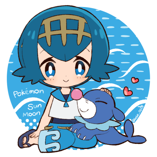 1girl, :>, bebe_0620, blue_eyes, blue_hair, blue_pants, blush, chibi