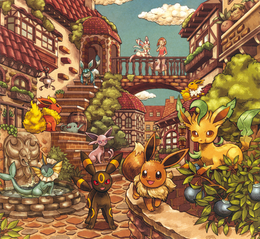 :d, absurdres, aroma_lady_(pokemon), berry_(pokemon), blue_eyes, blue_sky, brown_eyes, brown_hair