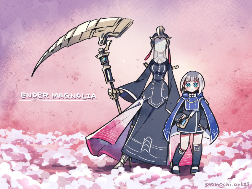 2girls, android, black_dress, black_jacket, blue_cloak, blue_eyes, blush, boots