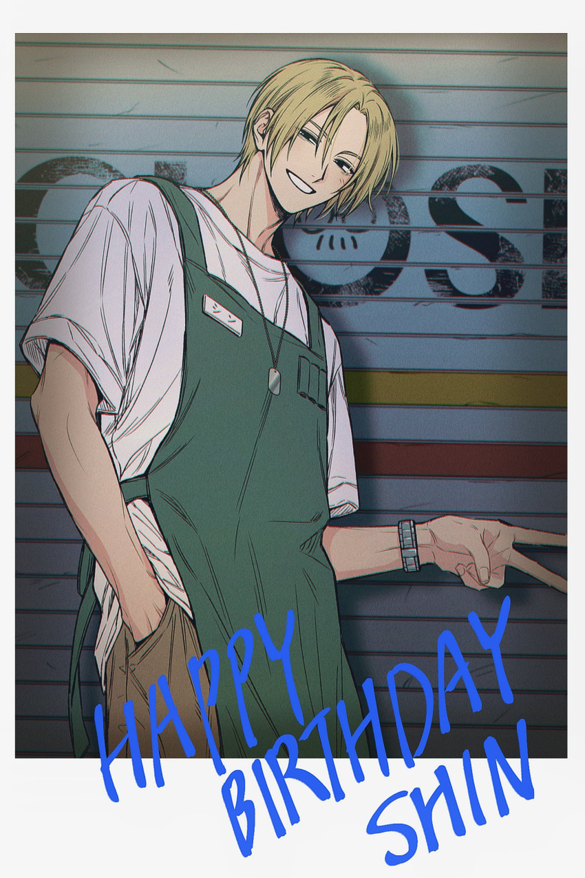1boy, apron, black_eyes, blonde_hair, blush, brown_pants, commentary, cowboy_shot