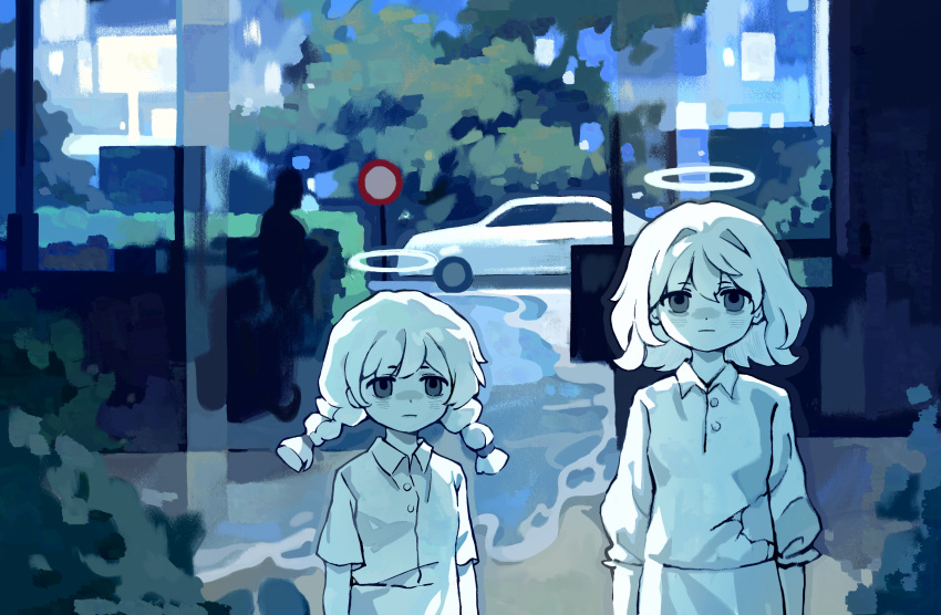2girls, absurdres, car, chaojufei, collared_shirt, commentary_request, english_commentary, halo