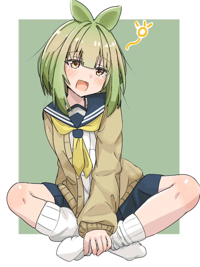 1girl, :d, bashame_meme, blue_sailor_collar, blue_skirt, blunt_bangs, bob_cut, cardigan, green_background, green_hair, highres, indian_style, kimi_(user_vppd4758), long_sleeves, looking_at_viewer, loose_socks, neckerchief, no_shoes, pleated_skirt, sailor_collar, school_uniform, serafuku, shikanoko_nokonoko_koshitantan, shirt, short_hair, simple_background, sitting, skirt, smile, socks, solo, white_shirt, white_socks, yawning, yellow_cardigan, yellow_eyes, yellow_neckerchief
