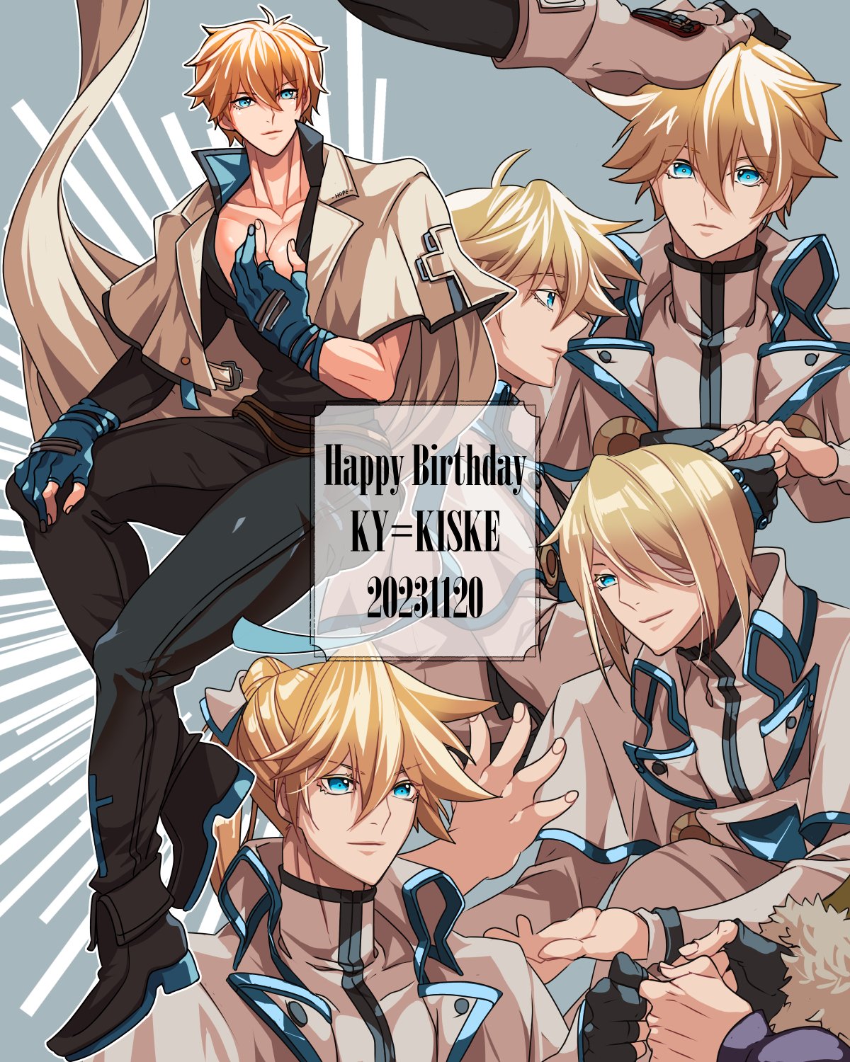 1boy, black_footwear, black_gloves, black_pants, black_shirt, black_trim, blonde_hair, blue_eyes