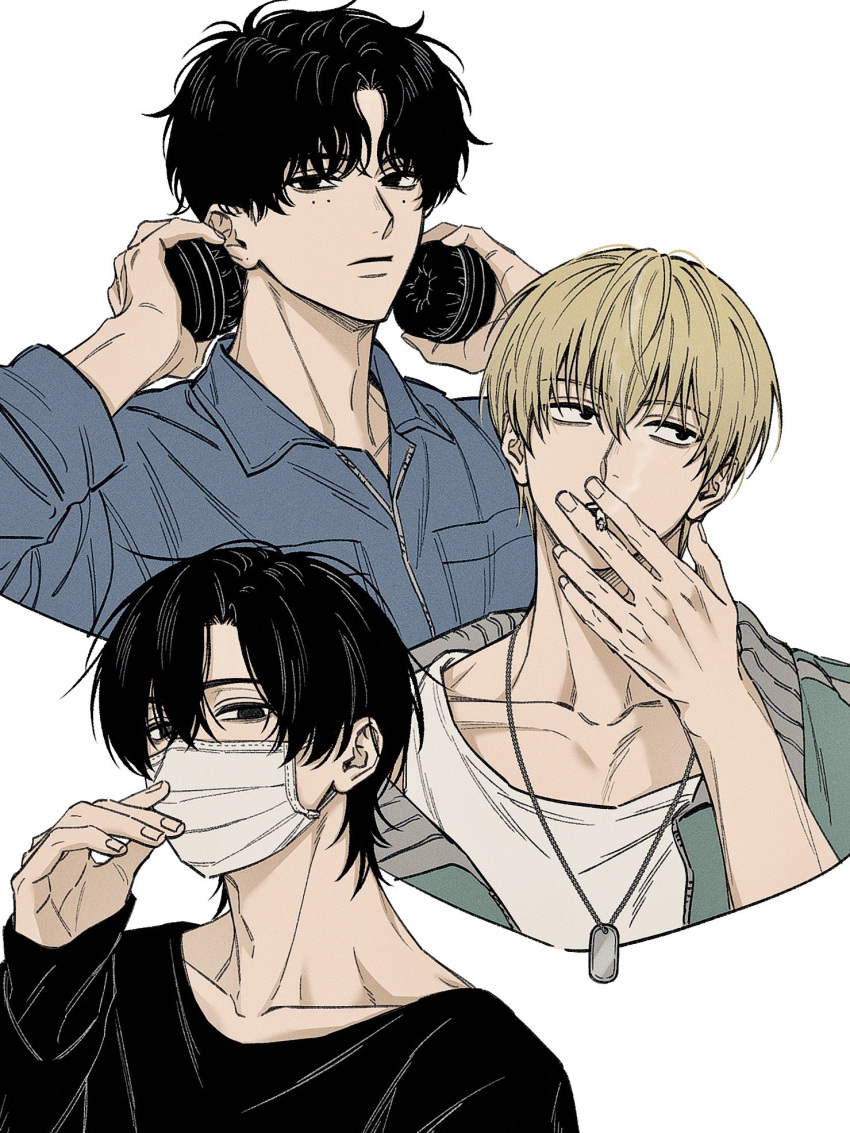 3boys, adam's_apple, black_eyes, black_hair, black_shirt, blonde_hair, blue_shirt, cigarette