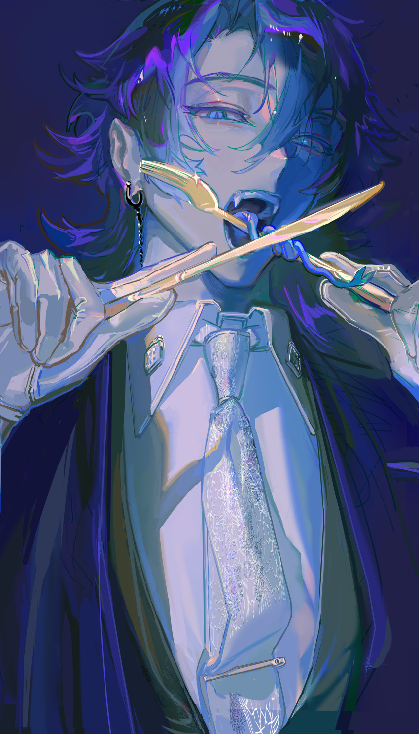 1boy, absurdres, blue_background, blue_eyes, blue_hair, blue_jacket, blue_theme, collared_shirt, earrings, expressionless, fangs, fork, from_below, glint, gloves, hands_up, highres, holding, holding_fork, holding_knife, jacket, jewelry, knife, long_tongue, looking_at_viewer, male_focus, medium_hair, necktie, open_clothes, open_jacket, open_mouth, original, pale_skin, parted_bangs, partially_shaded_face, shiny_gloves, shirt, simple_background, single_earring, slit_pupils, snake_boy, solo, taro-k, teeth, tongue, upper_body, very_long_tongue, white_gloves, white_necktie, white_shirt