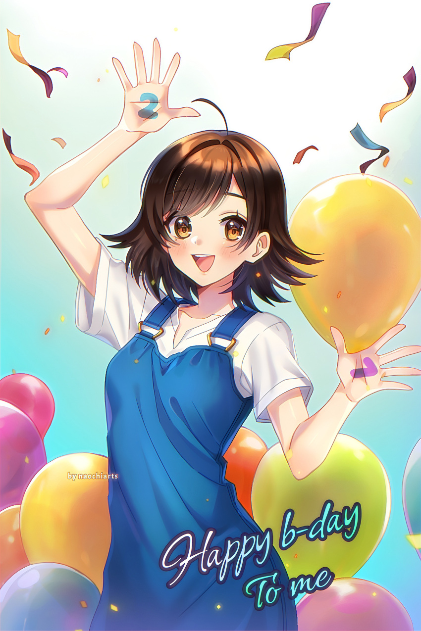 1girl, :d, absurdres, ahoge, aqua_background, arm_up, artist_name, artist_self-insert