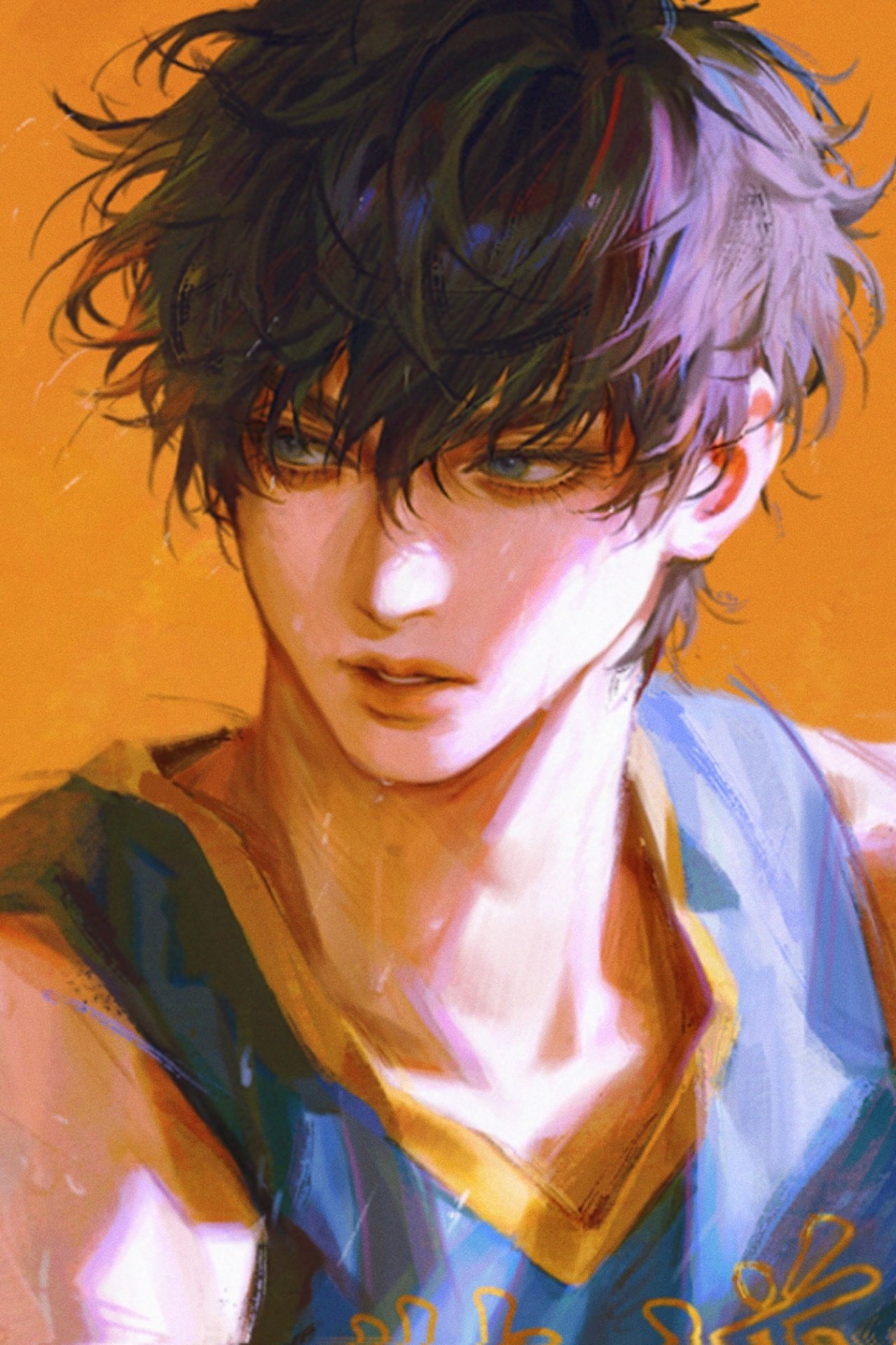 1boy, black_hair, black_tank_top, blue_eyes, choi_jongsu, collarbone, garbage_time, highres