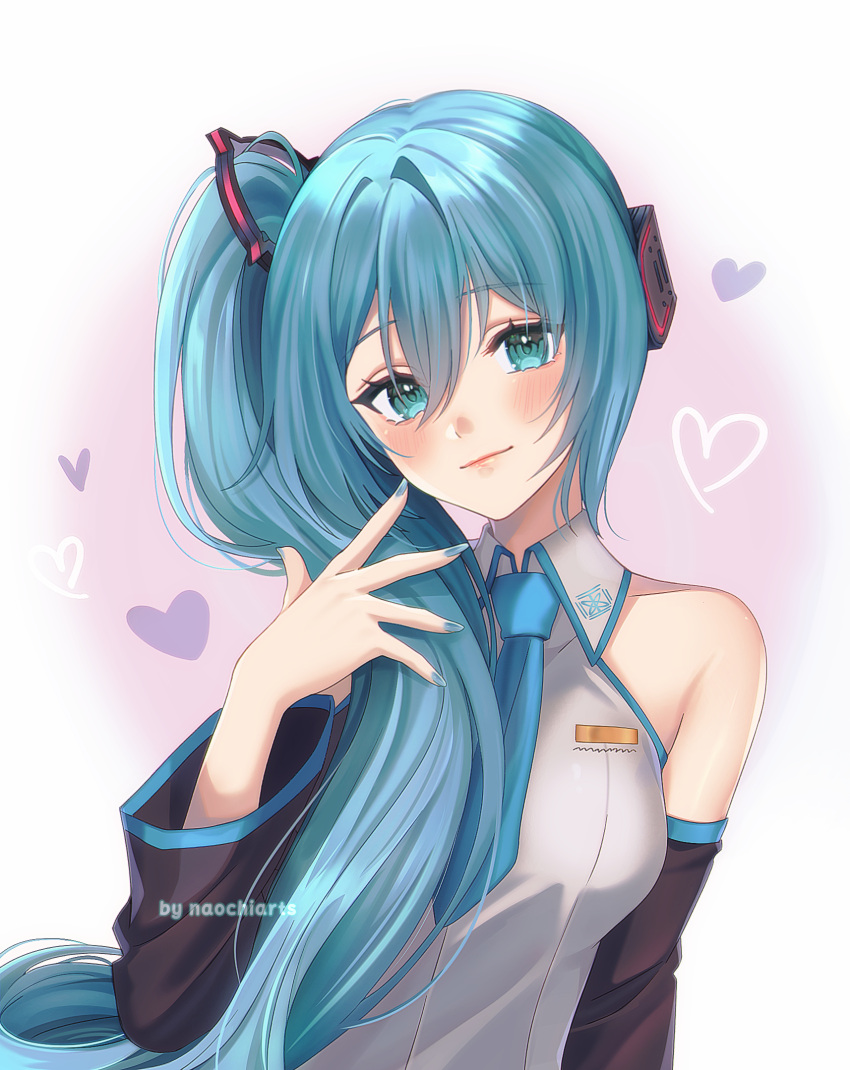 1girl, aegyo_sal, aqua_eyes, arm_at_side, artist_name, bare_shoulders, black_sleeves, blue_hair, blue_nails, blue_necktie, blue_trim, blush, breasts, closed_mouth, collared_shirt, commentary, detached_sleeves, double-parted_bangs, english_commentary, grey_shirt, hair_between_eyes, hair_intakes, hair_ornament, hair_over_shoulder, hand_up, hatsune_miku, hatsune_miku_(noodle_stopper), heart, highres, light_smile, lips, long_hair, long_sleeves, looking_at_viewer, medium_breasts, meme, nail_polish, naochiarts, necktie, pink_background, shirt, side_ponytail, sidetail_miku_noodle_stopper_(meme), simple_background, sleeveless, sleeveless_shirt, solo, very_long_hair, vocaloid, white_background, wide_sleeves
