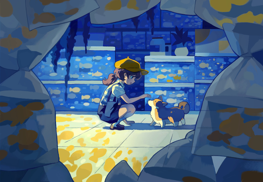 1girl, absurdres, bag, brown_hair, chaojufei, commentary, dog, fish