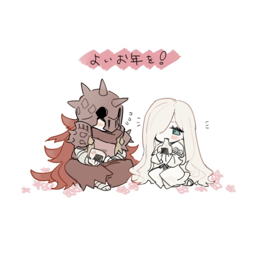 1boy, 1girl, armor, blue_eyes, blush, chibi, eating, ender_lilies_quietus_of_the_knights