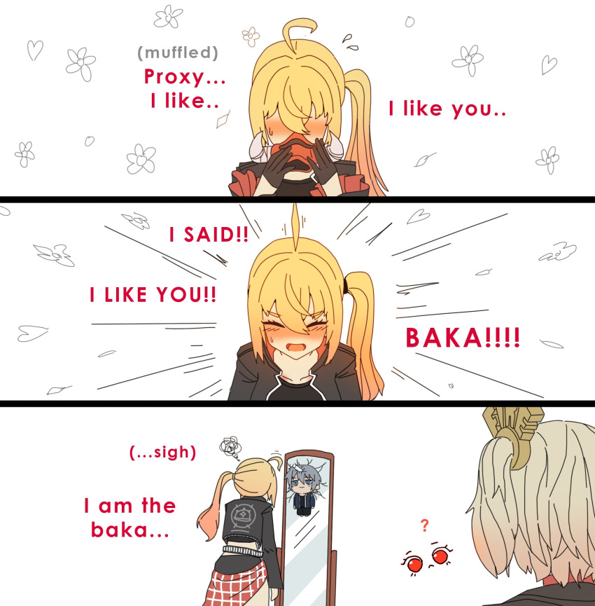 2girls, ?, ahoge, black_gloves, blonde_hair, blush, burnice_white, character_doll, confession, crack, dorahdew, flower, gloves, heart, hetero, highres, jacket, luciana_de_montefio, mirror, multiple_girls, shout_lines, side_ponytail, tsundere, wise_(zenless_zone_zero), zenless_zone_zero