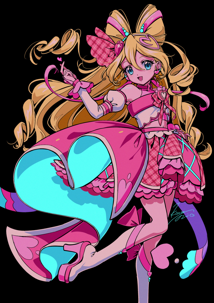 1girl, :d, absurdres, bare_shoulders, black_background, blonde_hair, blue_eyes, boots