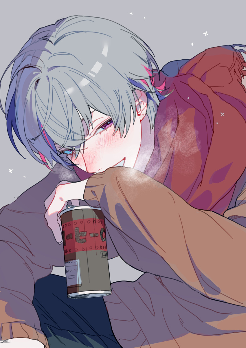 1boy, absurdres, blush, breath, brown_sweater, can, commentary, crossed_bangs