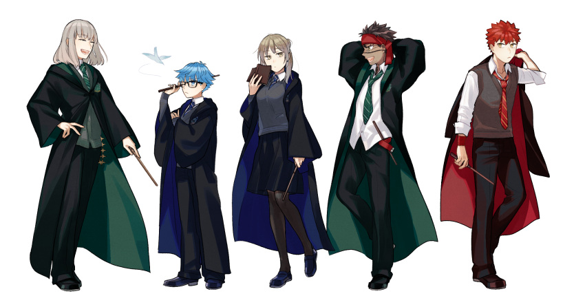 angra_mainyu_(fate), bird, black_hair, black_pantyhose, black_robe, black_skirt, blue_eyes, blue_hair
