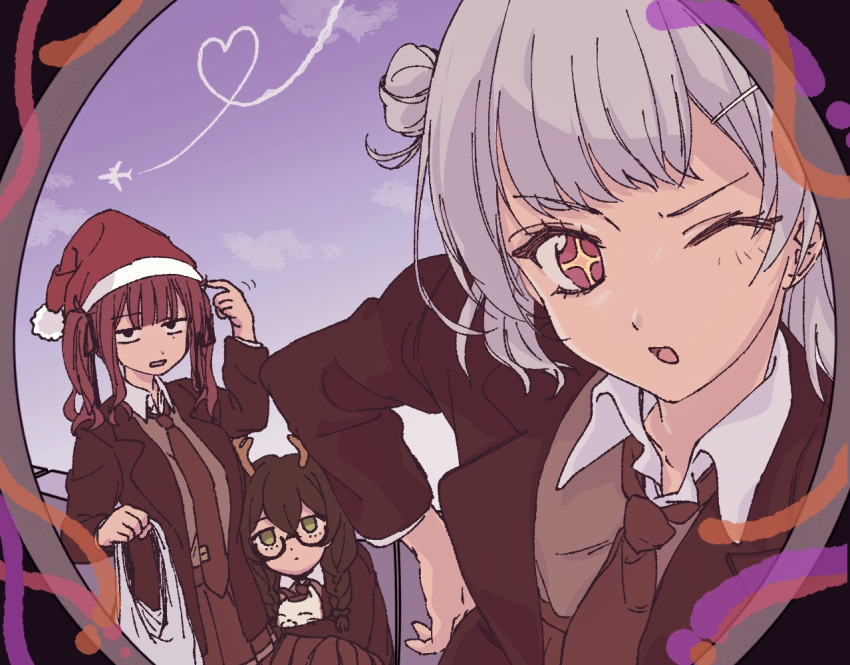 +_+, 3girls, aircraft, airplane, animal, bag, black_eyes, black_hair