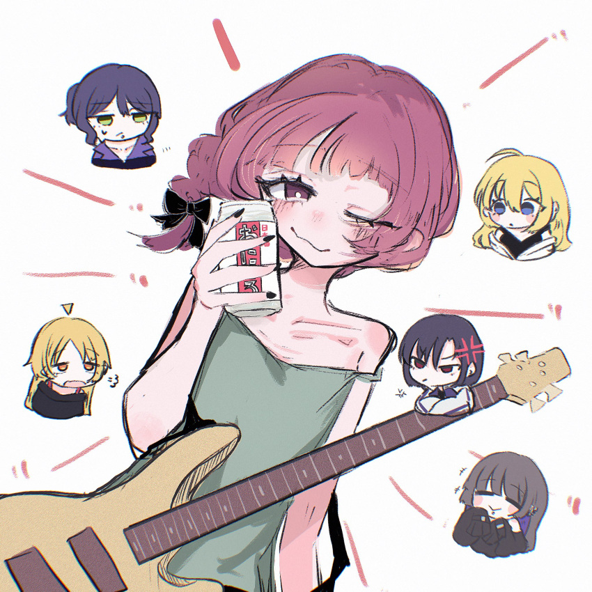 6+girls, 773owo, alcohol, bass_guitar, black_nails, bocchi_the_rock!, braid, chibi, chibi_inset, collarbone, dress, drunk, dutch_angle, emphasis_lines, green_dress, highres, hiroi_kikuri, ijichi_seika, instrument, iwashita_shima, multiple_girls, one_eye_closed, pa-san, purple_hair, sake, shimizu_eliza, sick_hack, single_braid, solo_focus, upper_body, violet_eyes, wavy_mouth, white_background, yamaha_trb