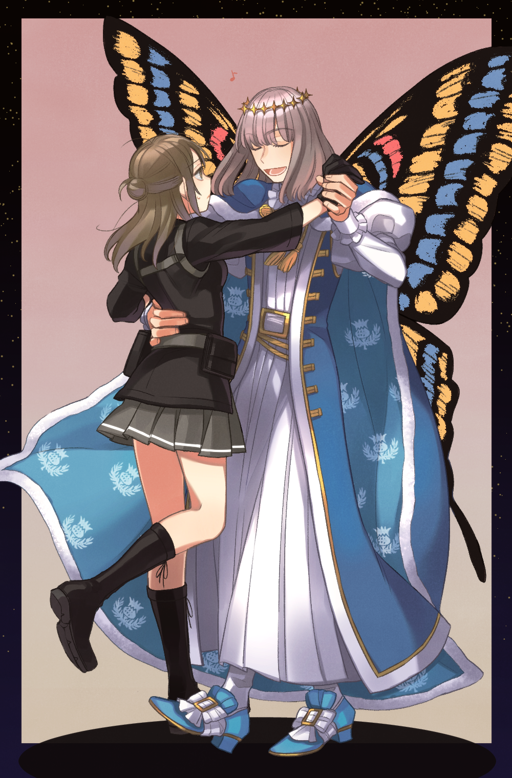 1boy, 1girl, belt_pouch, black_socks, blue_cape, bob_cut, brown_eyes, brown_hair