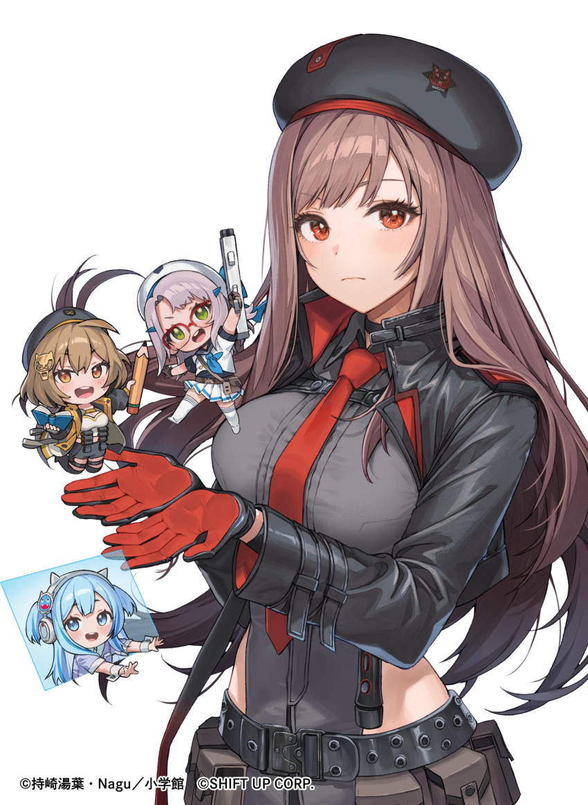 4girls, :d, animal_ear_headphones, animal_ears, anis_(nikke), artist_name, belt, beret, black_belt, black_gloves, black_hat, black_jacket, blue_eyes, blue_hair, book, brown_eyes, brown_hair, cat_ear_headphones, closed_mouth, collared_leotard, commentary_request, company_name, copyright_name, counters_(nikke), cowboy_shot, cropped_jacket, deformed, fake_animal_ears, glasses, gloves, goddess_of_victory:_nikke, green_eyes, grey_hair, grey_leotard, hands_up, hat, headphones, highres, holding, holding_book, holding_weapon, holographic_monitor, jacket, leotard, long_hair, long_sleeves, looking_at_viewer, medium_hair, multiple_girls, nagu, necktie, neon_(nikke), nikke_seishun_burst:_nikke_gakuen, official_art, open_clothes, open_hands, open_jacket, open_mouth, pencil, rapi_(nikke), red_eyes, red_gloves, red_necktie, second-party_source, serious, shifty_(nikke), side_slit, simple_background, smile, teeth, three_quarter_view, two-tone_gloves, upper_teeth_only, utility_belt, watermark, weapon, white_background