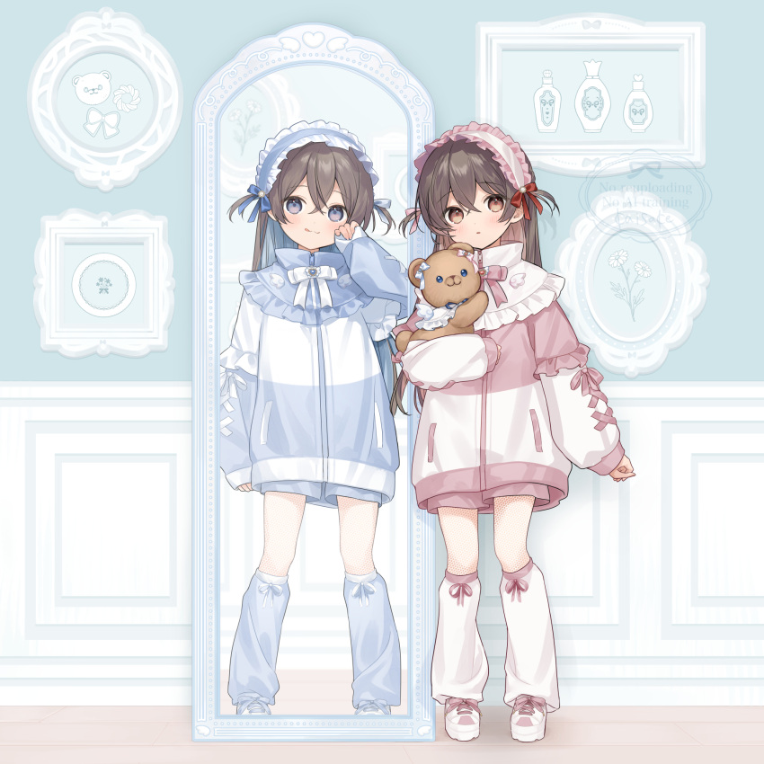 2girls, :q, blue_hair, blue_headdress, blue_jacket, blue_leg_warmers, blue_ribbon, blue_shorts