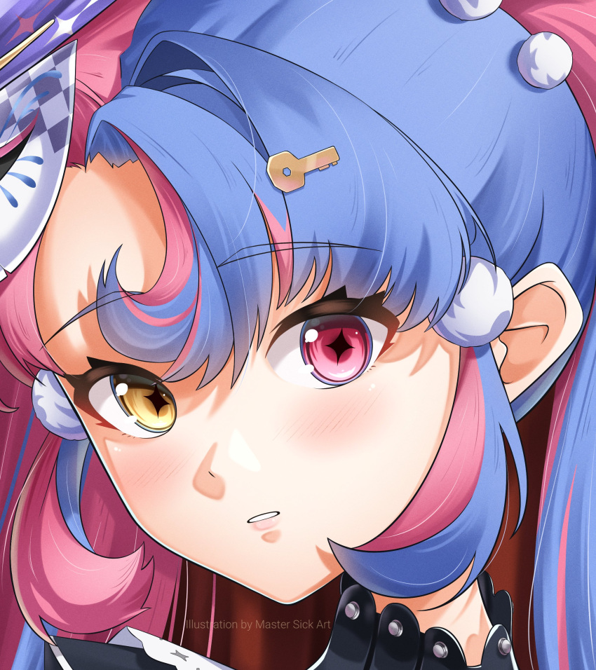 1girl, absurdres, artist_name, blue_hair, close-up, commentary, english_commentary, heterochromia
