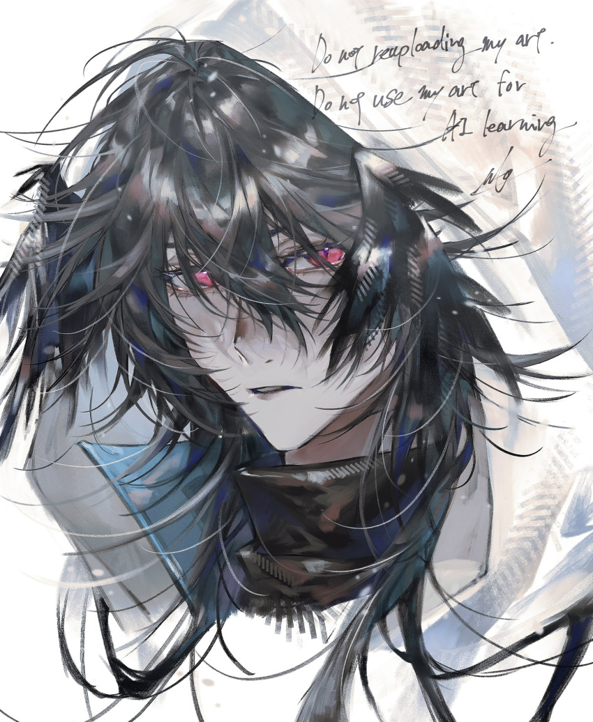arknights, black_hair, head_wings, highres, hood, hood_up, logos_(arknights), long_hair, looking_at_viewer, m10_(lycos_zzz), male_focus, parted_lips, pink_eyes, portrait, simple_background, solo, white_background, wings