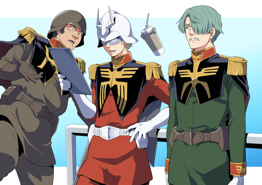 3boys, absurdres, arms_at_sides, belt, black_hair, blonde_hair, brown_belt, brown_gloves