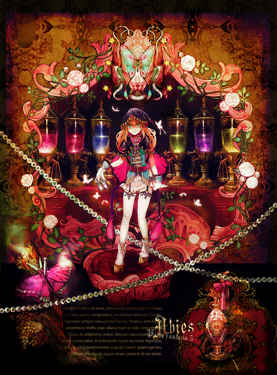 butterfly, capelet, chibi_(shimon), flower, garters, gloves, highres, lorem_ipsum