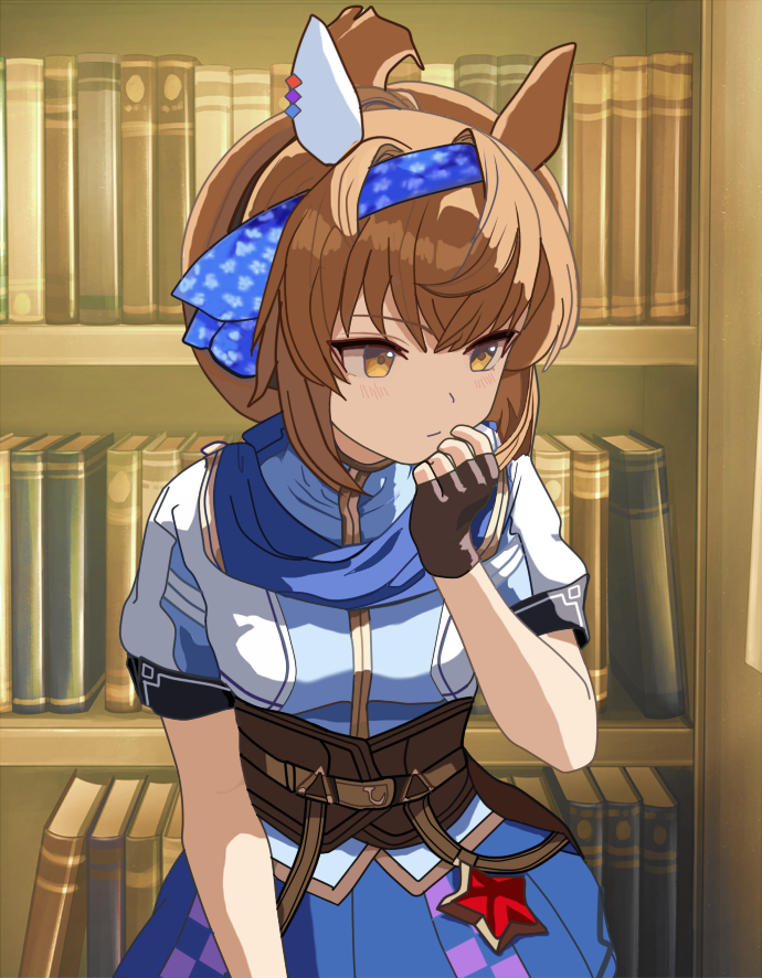 1girl, animal_ear_piercing, animal_ears, blue_hairband, blue_scarf, commentary_request, ear_covers, furioso_(umamusume), h00y0iz2ml8pbq5, hair_intakes, hair_rings, hair_tuft, hairband, horse_ears, horse_girl, library, medium_hair, orange_hair, puffy_short_sleeves, puffy_sleeves, scarf, short_sleeves, sidelocks, single_ear_cover, single_hair_ring, solo, umamusume, upper_body, yellow_eyes